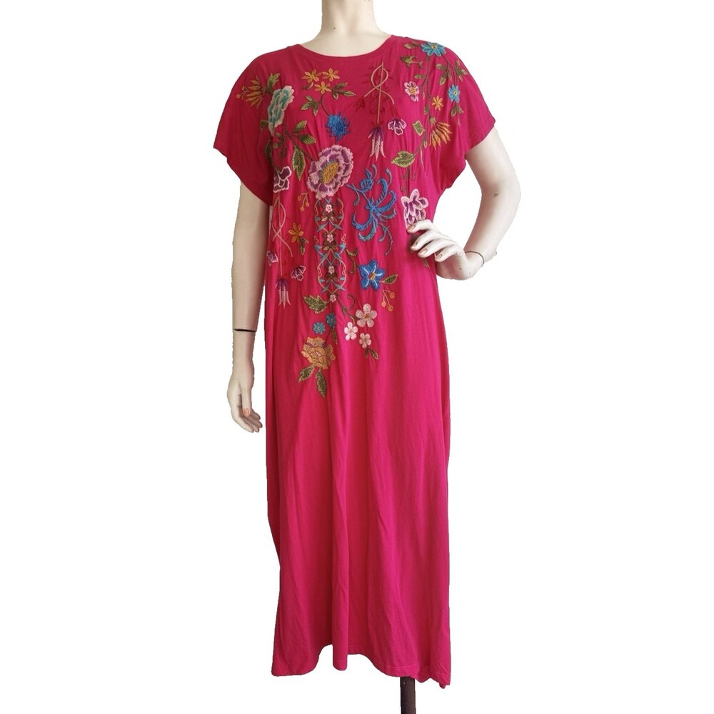 JOHNNY WAS Embroidered Dress NWT Pink Midi Floral Art to Wear Boho Size M